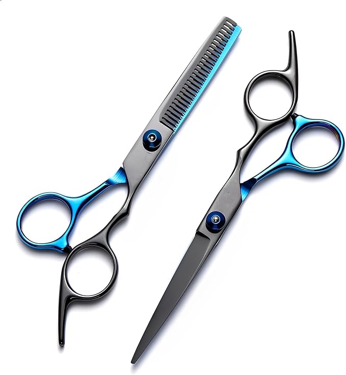 Hair Cutting Scissors Kit 11PCS, Professional Haircut Scissors with Japanese Stainless Steel Shears, Thinning Shears, Haircut Accessories in Leather Case for Salon/Home (Black - Blue)