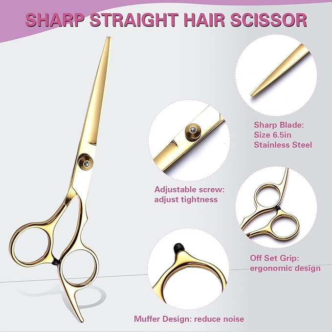 Hair Cutting Scissors Kit 11PCS, Professional Haircut Scissors with Japanese Stainless Steel Shears, Thinning Shears, Haircut Accessories in Leather Case for Salon/Home (Gold)