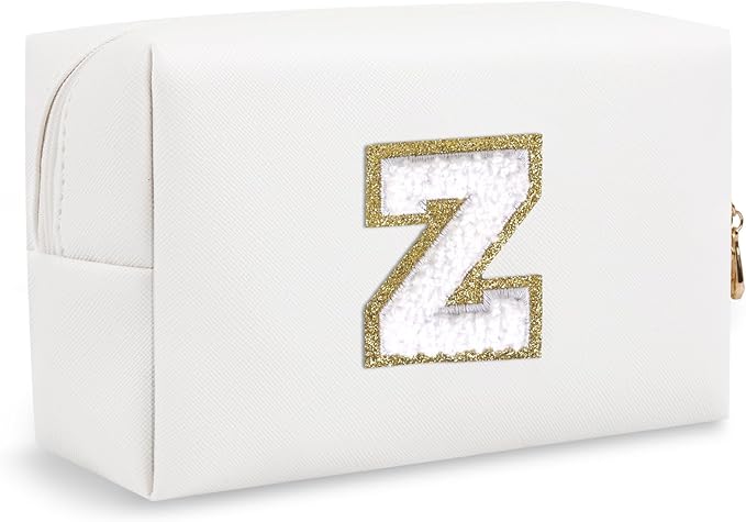 Small Initial Preppy Makeup Bag, Personalized Cute White Cosmetic Organizer Chenille Letter Travel Toiletry Zipper Pouch, Waterproof PU Leather Make Up Case Preppy Stuff for Women Teacher(Letter Z)