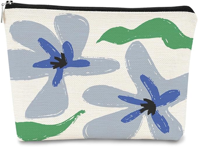 Floral Makeup Organizer, Blue Flower Cosmetic Bag, Small Makeup Bag for Women & Girls, Gifts