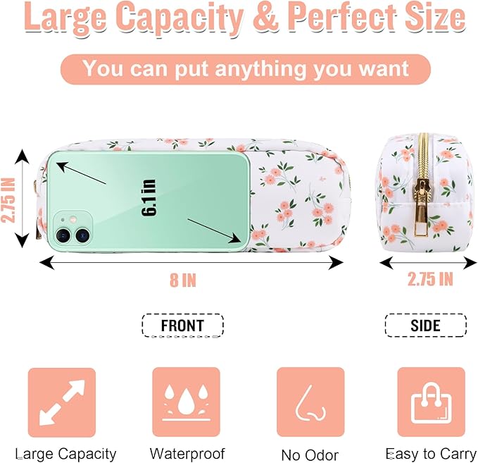 izuzta Nylon Small Floral Makeup Bag Slim Pouch, Preppy Cute Makeup Brush Case Bag Cosmetic Zipper Pouch Purse, Waterproof Travel Toiletry Bag Coin Pouch Make Up Organizer Women Girls(White-Floral)