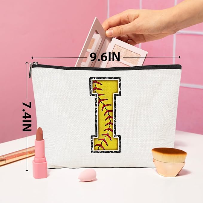 Softball Gifts Initial Makeup Bag Monogrammed Cosmetic Bag Yellow Letter I Zipper Pouch Softball Accessories for Girls Women Softballs Player Coach Friend Softballs Stuff Graduation Birthday Gifts