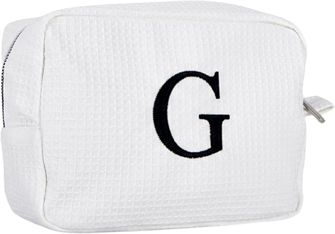 Personalized White Waffle Makeup Bag,Custom Embroidered Initial Cosmetic Pouch for Women,Monogrammed Cosmetic Case,Bridesmaid Gifts (G)