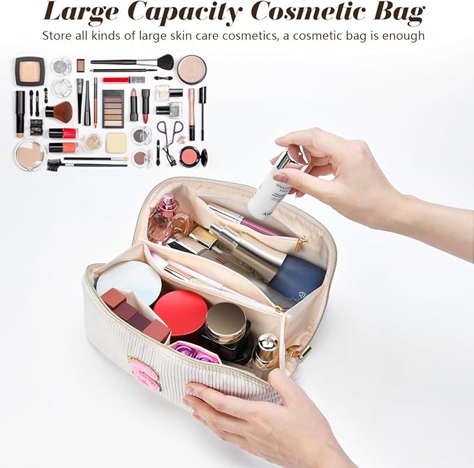 Personalized Initial Makeup Bag,Christmas Gifts for Girl,Preppy Bag Cosmetic Travel Bag Women,Travel Toiletry Organizer,Large Capacity Corduroy Stuff Bag,Cute Cosmetic Pouch Skincare Bag-X