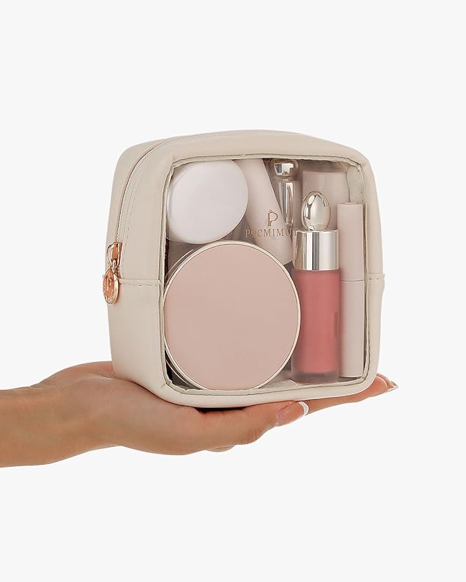 Pocmimut Mini Makeup Bag,Clear Makeup Bag Travel Toiletry Bag Pouch Purse Car Accessories Cute Stuff for Women,Travel Essentials Organizers,Beige