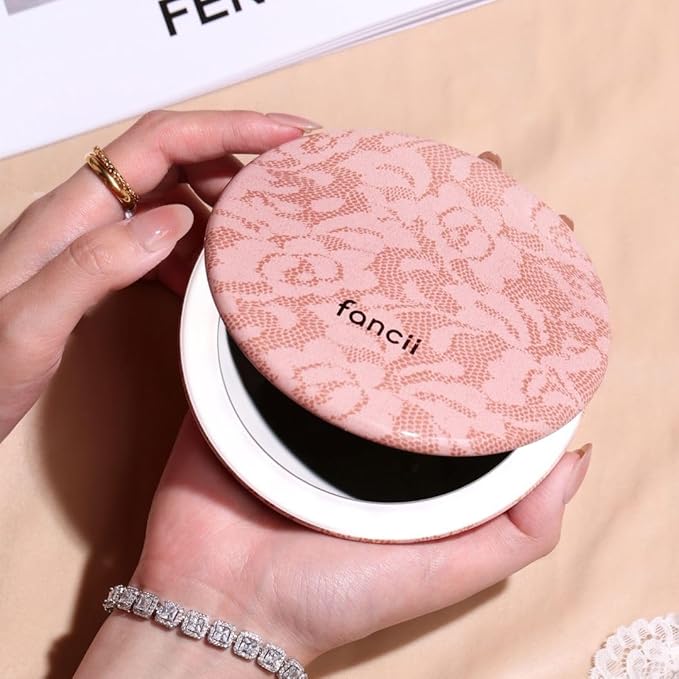 Fancii Taylor LED Lighted Travel Makeup Mirror, Rechargeable, 10x /1x Magnifying, Tru-Glow Lighting System, XL Large 5” Wide | Compact Mirror for Purses (Mocha Lace)