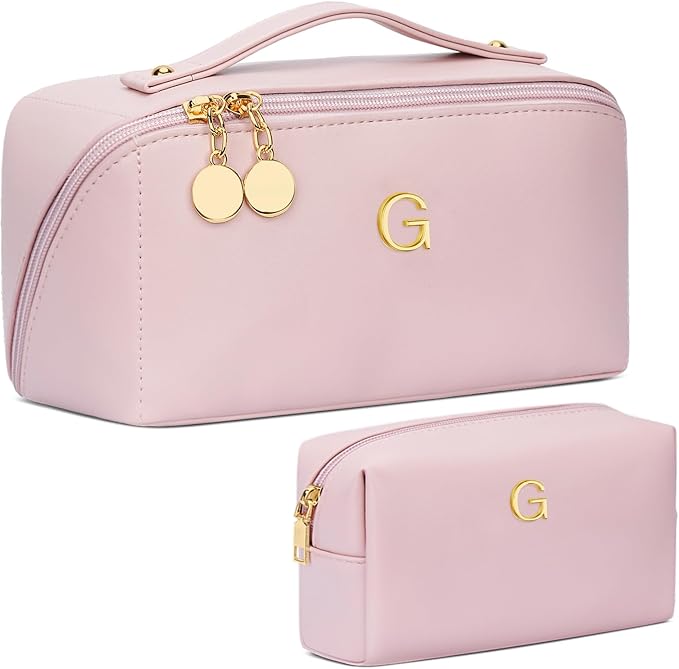 Birthday Gifts for Women Teen Girl, Personalized Initial Makeup Organizer Bag Set, Open Flat Travel Cosmetic Bag With Clear Divider and Handle(Pink,G)