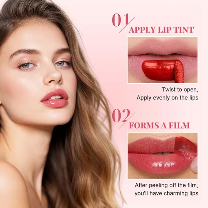 2 PCS Lip Gloss Color Peel Off Lip Stain, Long Lasting Lipstain Peel Off, Charming Lipstick Transfer Proof No Stick Cup (01-Rose Red and 02-Grapefruit Color)