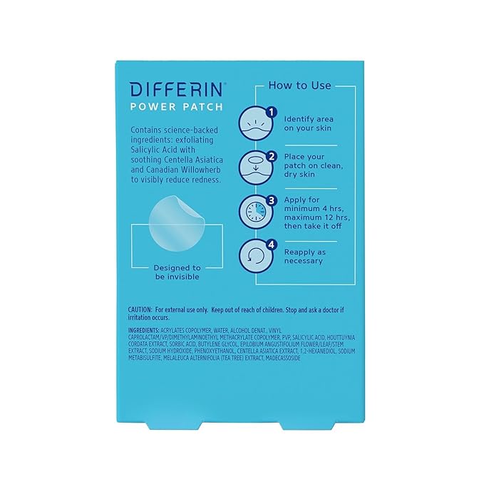 Differin Acne Patches, Pimple Patches for Acne Prone Skin, Formulated with Salicylic Acid and Centella, Fast Triple Action Power Patch for Day & Night, Dermatologist Tested, 36 Count (Pack of 12)