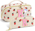 Personalized Travel Makeup Bag Set,Initial Travel Strawberry Makeup Organizer Bag,Toiletry Skincare Cosmetic Bag,Christmas Gifts for Women/Girls,Open Flat Toiletry Pouch with Brush Pocket-K