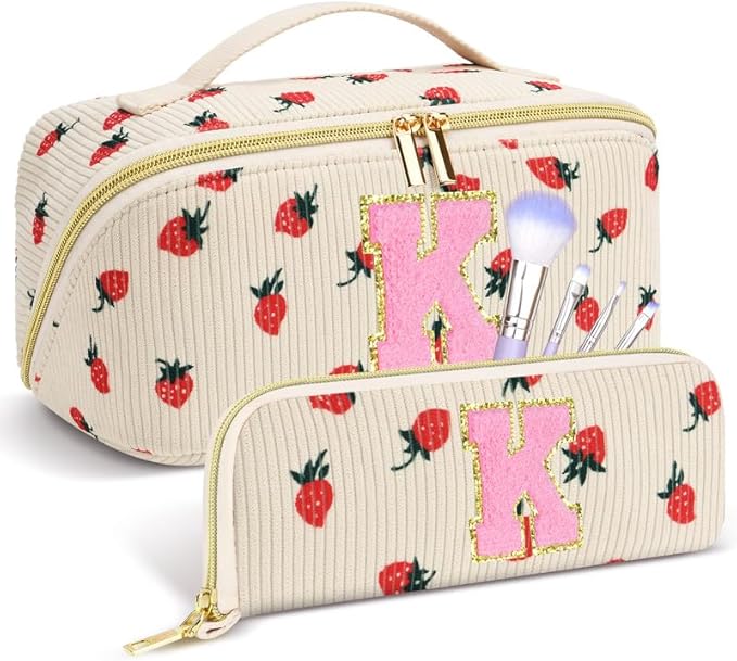 Personalized Travel Makeup Bag Set,Initial Travel Strawberry Makeup Organizer Bag,Toiletry Skincare Cosmetic Bag,Christmas Gifts for Women/Girls,Open Flat Toiletry Pouch with Brush Pocket-K