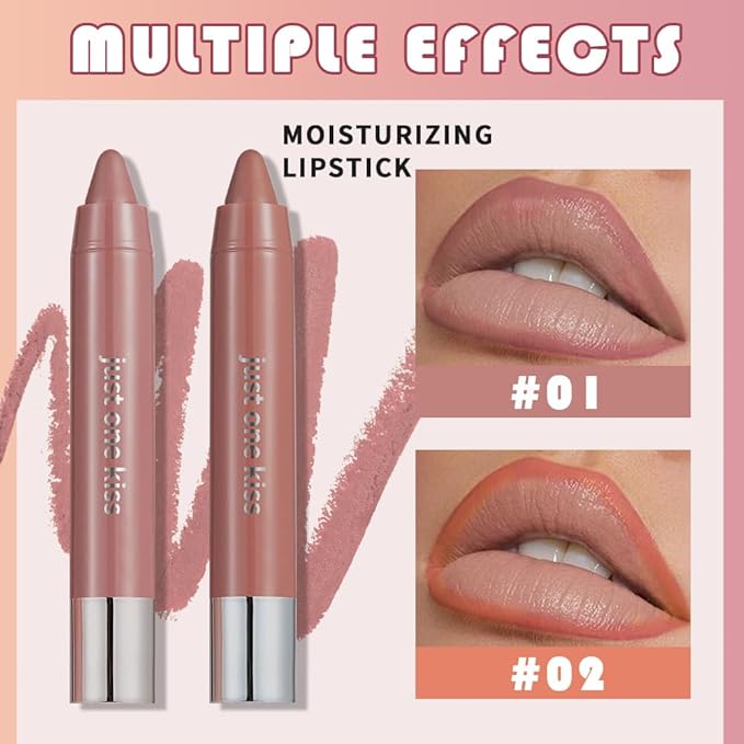2Pcs Pinky Nude & Coral Hydrating Cream Lipsticks Lip Crayon for Women, Moisturing Lipstick Longwear Lip Liner Crayon Set for Ombre Shades, Matte Creamy Natural Nourishing Tinted Lips Balm Set