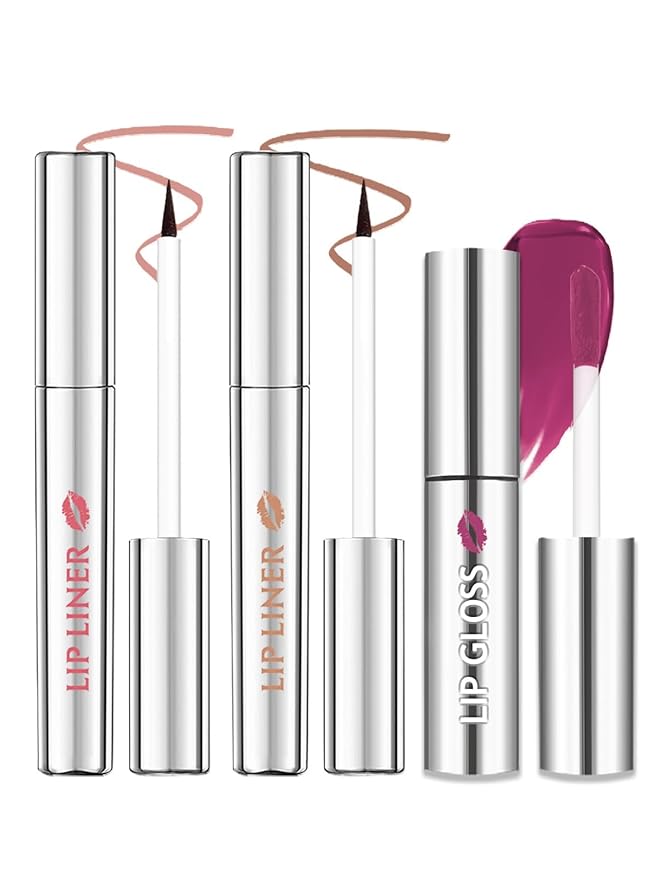 Peel Off Tattoo Lip Liner Stain Lip Gloss Combo Sets, 2 Colors Rose Pink Brown Matte Lip Liner and Nourishing Lip Gloss Tint Stain Kit, Long Lasting Waterproof Non Sticky Liquid Lipstick Makeup-Set 04