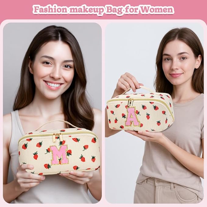 Personalized Travel Makeup Bag Set,Initial Travel Strawberry Makeup Organizer Bag,Toiletry Skincare Cosmetic Bag,Christmas Gifts for Women/Girls,Open Flat Toiletry Pouch with Brush Pocket-W