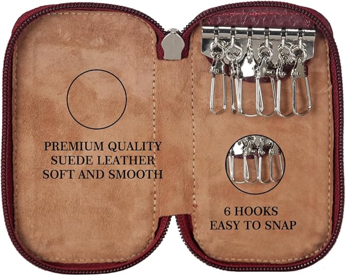 Full Grain Genuine Leather Keychain Holder Pouch with 6 Key Holders Hook