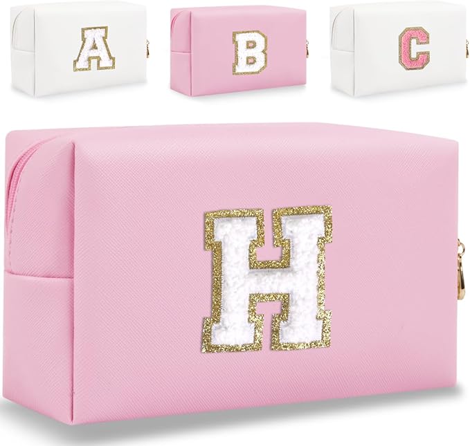 Small Personalized Letter Makeup Bag, Cute PU Leather Chenille Letters Cosmetic Bag Travel Makeup Pouch, Preppy Travel Organizer Zipper Pouch for Women&Girls（Pink-H）