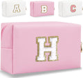 Small Personalized Letter Makeup Bag, Cute PU Leather Chenille Letters Cosmetic Bag Travel Makeup Pouch, Preppy Travel Organizer Zipper Pouch for Women&Girls（Pink-H）