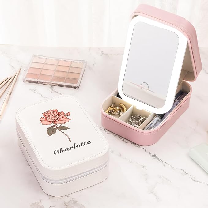 Custom Birth Flower Travel Makeup Bag With LED Mirror Leather Personalized Name Makeup Organizer Portable Jewelry Organizer Case Birthday Christmas Gifts For Women Daughter Mother