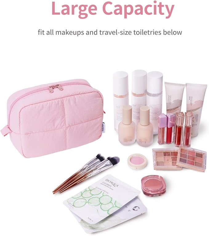 Narwey Puffy Makeup Bag for Travel Women Girl, Quilted Makeup Bag Cosmetic Bag, Cute Puffer Make Up Organizer Bags, Travel Toiletry Bag Toiletries (Pink)