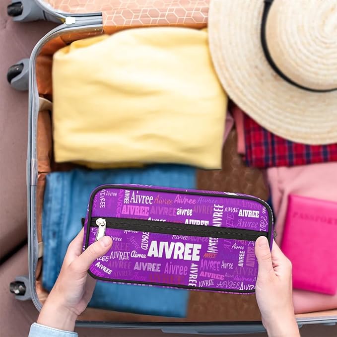 Personalized Makeup Bag with Name, Best Friends Teen Women Mom Birthday Gift Toiletry Travel Bag for Toiletries, Bright Purple Solid Color Background