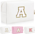 Personalized Initial Letter Patch Makeup Bag, Preppy Portable Chenille Cosmetic Bag with Zipper, PU Leather Waterproof Travel Toiletry Bag Monogram Make Up Pouch for Women Girls