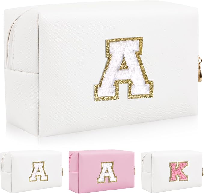 Personalized Initial Letter Patch Makeup Bag, Preppy Portable Chenille Cosmetic Bag with Zipper, PU Leather Waterproof Travel Toiletry Bag Monogram Make Up Pouch for Women Girls