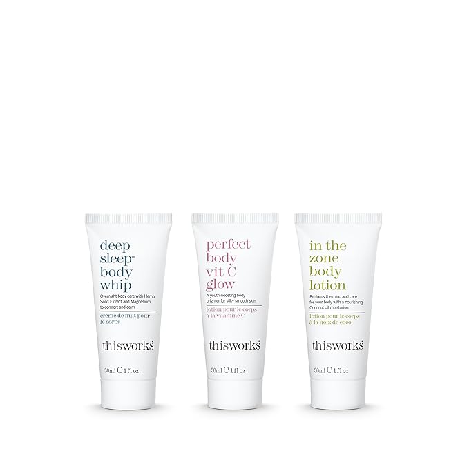 THISWORKS Blissful Bodycare Trio – Deep Sleep Body Whip, Perfect Body Vit C Glow, In The Zone Body Lotion (30ml each) – Travel-Size Moisturizers