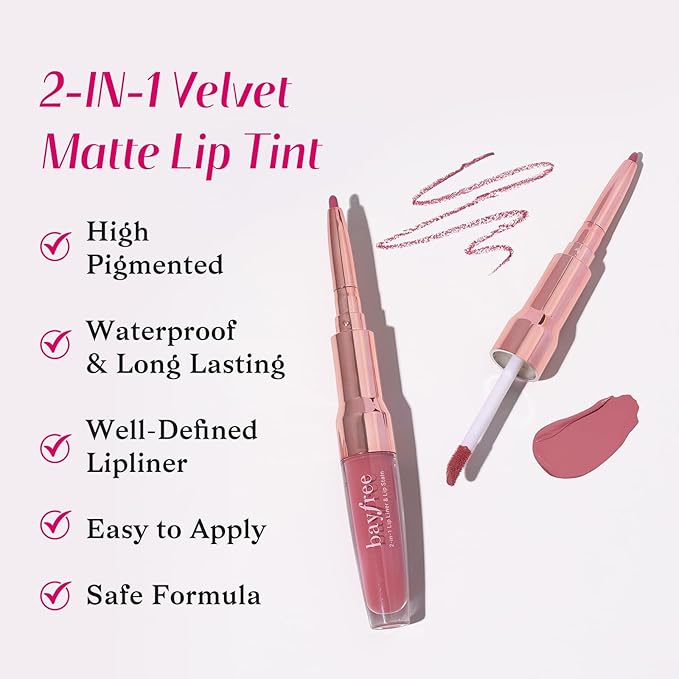 bayfree 2-IN-1 Lip Liner and Lip Stain, High Pigmented Long Lasting Velvet Lip Tint, Well-Defined Lipliner, Weightless Waterproof Not Animal Tested, Matte Finish Makeup