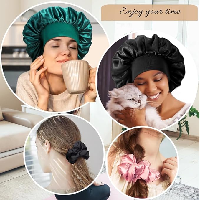 3+3 Large Satin Bonnets with Scrunchies for Women, Wide Band Hair Bonnet for Sleeping Braids Curly Hair