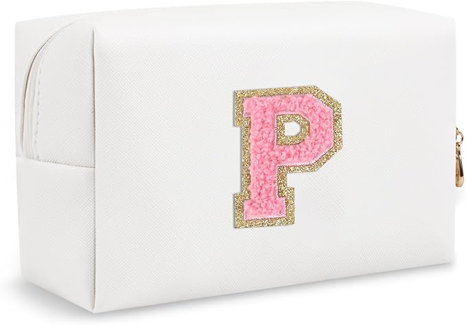 Personalized Initial Preppy Makeup Bag Organizer, White Small Travel Cosmetic Bag Monogram Toiletry Zipper Pouch for Women, PU Leather Waterproof Makeup Case Proposal Gift for Brides Female(Letter P)