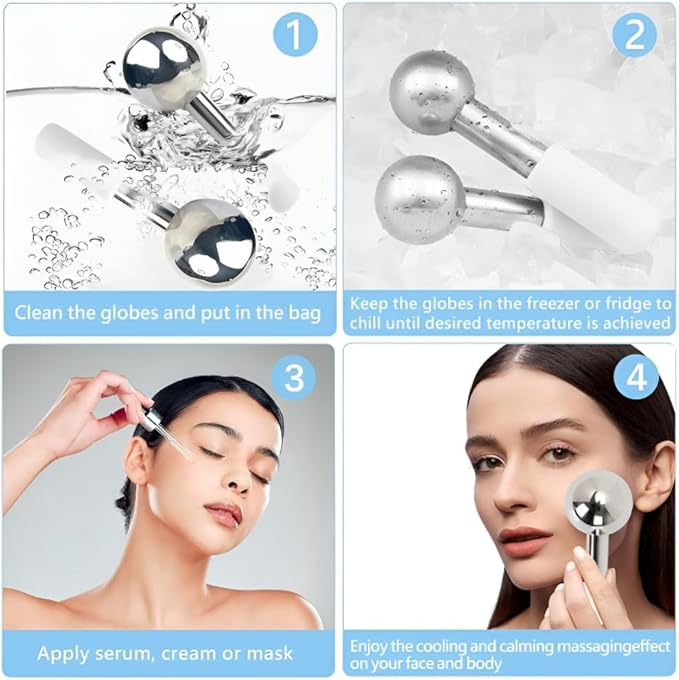 Ice Globes for Face & Eyes, Unbreakable Stainless Steel Cool Massagers for Skincare Routines, Multifunctional Cold Roller Cooling Globes for Puffiness, Sagging Skin, Fine Lines, and Facial Relaxation