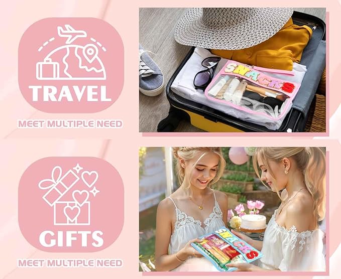 4 Piece Clear Snack Bag for Travel, Chenille Letter Zipper Pouch, Nylon Cosmetic & Makeup Bag, Waterproof Reusable Organizer for Snacks, Toiletries, School, Vacation, Glitter Patch Design