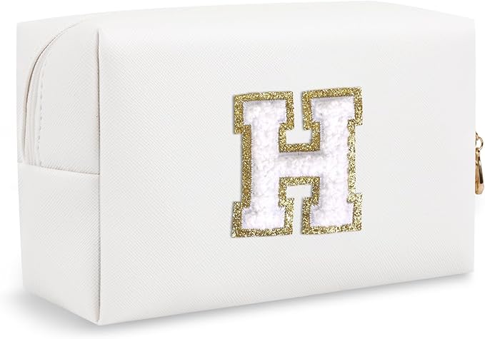 Personalized Chenille Letter Preppy Makeup Bag, Small White Travel Cosmetic Bag Initial Toiletry Zipper Pouch Monogram Makeup Storage, Waterproof Makeup Storage Travel Essentials for Women(Letter H)