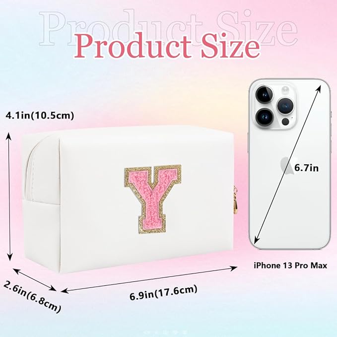Small Personalized Letter Makeup Bag, Cute PU Leather Chenille Letters Cosmetic Bag Travel Makeup Pouch, Preppy Travel Organizer Zipper Pouch for Women&Girls（WhitePink-Y）