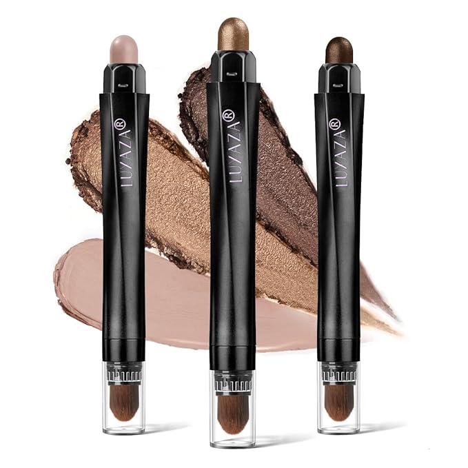 3Pcs Eyeshadow Stick Set, Matte And Shimmer Creamy Eyeshadow Pencil, Brown Gold Nude Shadow Stick Set, Waterproof Long Lasting Smoky Eye Makeup…