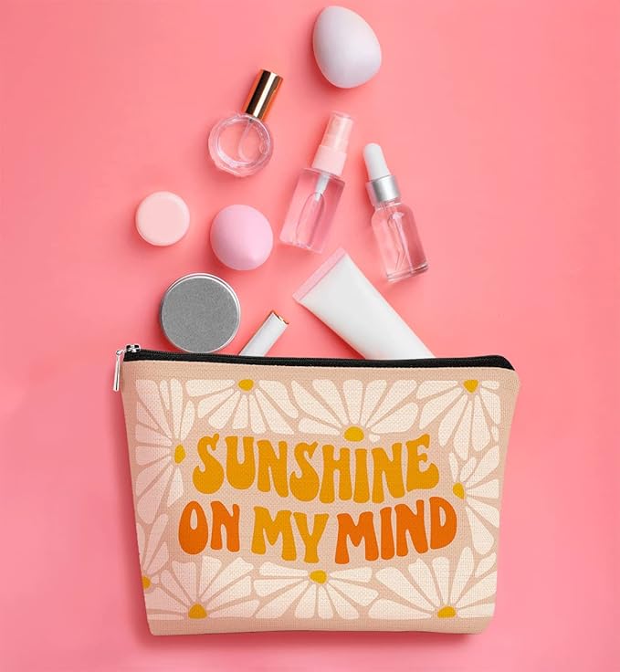 Sunshine on My Mind Pink White Orange Daisy Inspirational Cosmetic Bag Makeup Bag Gift for Teen Girls,Birthday Christmas Gifts for Women Friends Mom Wife Grandma Daughter Teacher Coworker