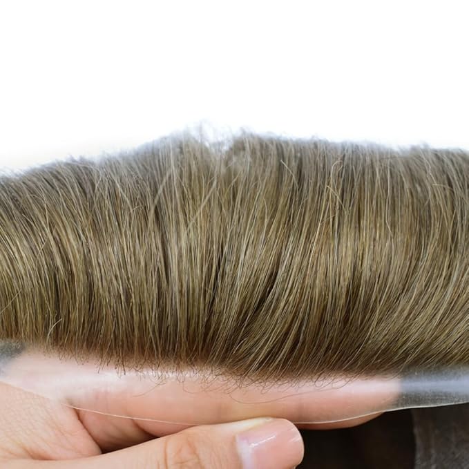 Mens Toupee Human Hair Piece French Lace Toupee for Man Hair System Indian Human Hair Replacement Systems V-Looped PU Front Hairpieces 7"X9" 17#DARK ASH BLONDE