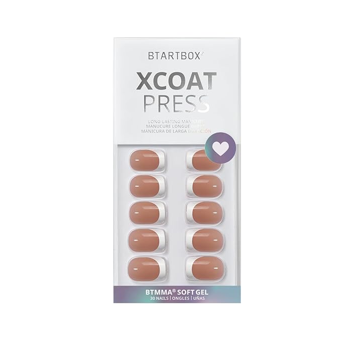 BTArtbox French Tip Press On Nails - Short Square Press On Nails, Natural Fake Nail with Nail Glue, Brown Glue On Nails in 15 Sizes - 30 Fake Nails Kit