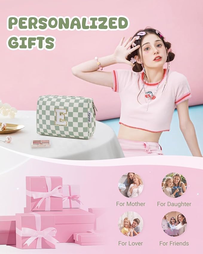 Narwey Birthday Gifts for Teen Girls Women Personalized Initial Checkered Makeup Bag Preppy Cosmetic Bag Trendy Stuff 6 8 10 11 12 13 14 16 18 Years Old Travel Toiletry Bag (Green Letter E)