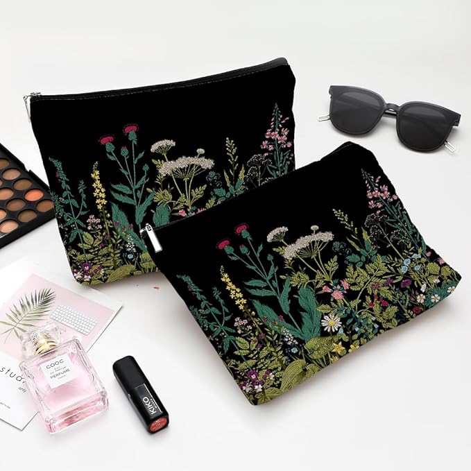Small Makeup Bag for Purse Cute Canvas Waterproof Cosmetic Bags for Women Zipper Travel Toiletry Pouch-Wildflowers Makeup Bags