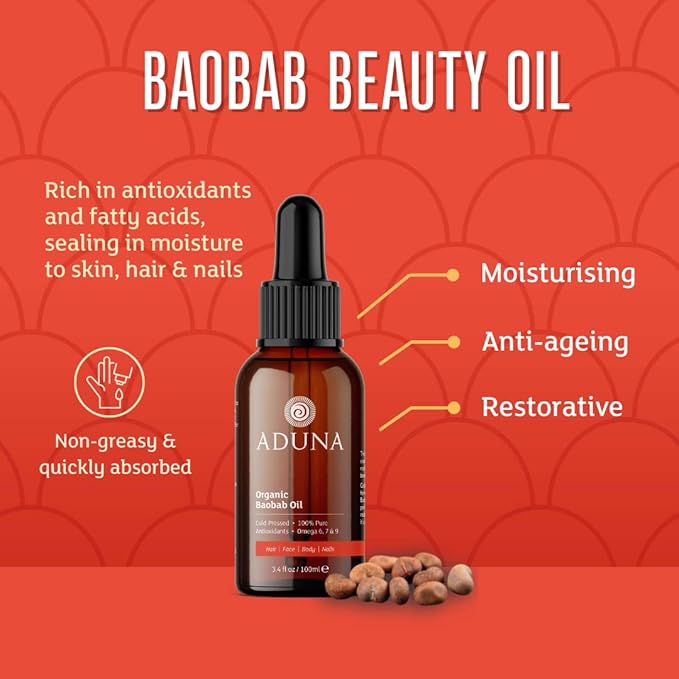 Aduna Organic Baobab Oil | 100% Natural Cold-Pressed for Skin, Hair & Nails | Multi-Purpose Moisturizing Beauty Oil With Antioxidants & Omegas | Lightweight & Fast-Absorbing | 100ml