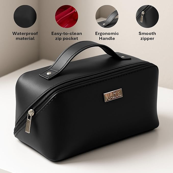 NAORI Travel Makeup Bag for Women | Large Luxury Cosmetic Organizer with Handle & Inner Pockets | Waterproof Leather Toiletry Bag | Makeup Case for Home, Travel & Gifting (Elegant Black)