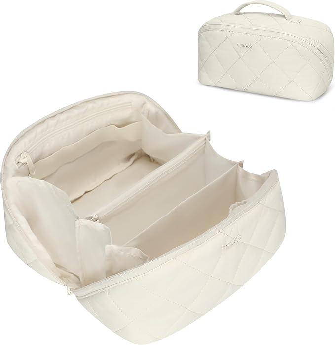 Hynes Eagle Travel Makeup Bag for Women Puffy Cosmetic Organizer Pouch Open Flat Toiletry Bag for Toiletries, Brushes Beige