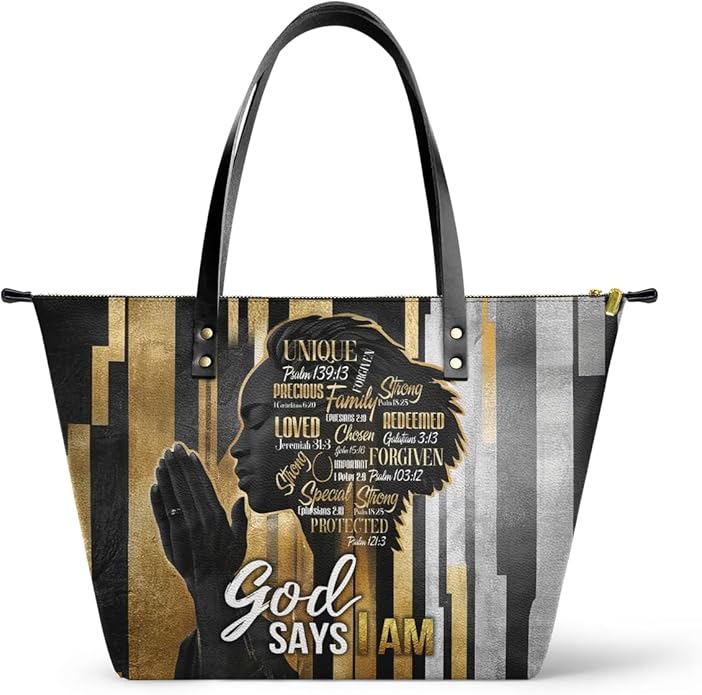 African Black Women's Leather Tote Bag, Large, Premium Vegan Leather, Full Zip, Perfect Christmas Gifts For Women