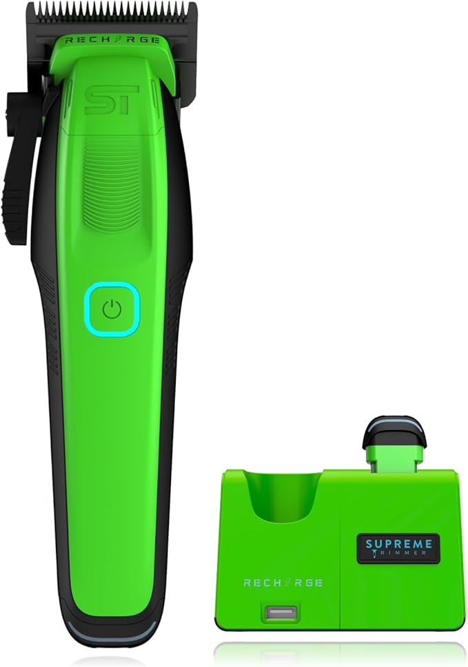 Supreme Trimmer Recharge Clipper - Professional Hair Clipper with 2 Removable Batteries, Brushless Motor, Smart Charge Stand, USB-C Charge & DLC Blades Barbers | STC779
