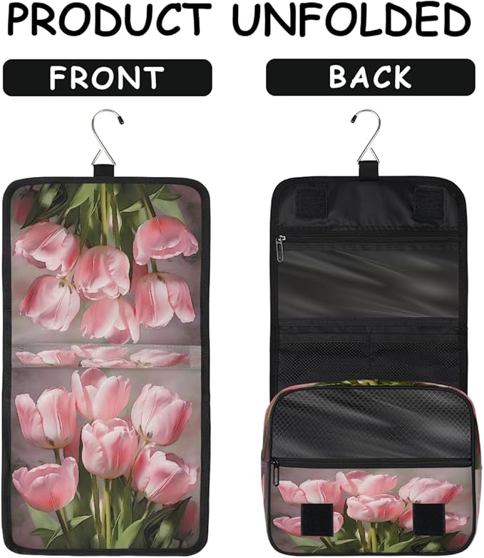Travel Toiletry Bag for Women & Men Pink Flower Tulip Hanging Cosmetic Organizer Portable Waterproof Makeup Case Make Up Bag with Compartments Travel Essentials for Bathroom Shower
