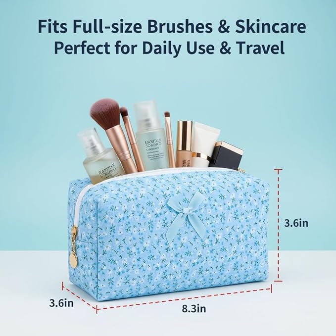 Floral Cotton Makeup Brush Cosmetic Bag for Women & Men, Travel Quilted Zipper Pouch, Large Capacity Flowers Toiletry Organizer, Kawaii Makeup Storage Case, Cosmetic Travel Cloth Bag-Blue Floral