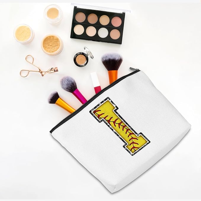 Softball Gifts Initial Makeup Bag Monogrammed Cosmetic Bag Yellow Letter I Zipper Pouch Softball Accessories for Girls Women Softballs Player Coach Friend Softballs Stuff Graduation Birthday Gifts