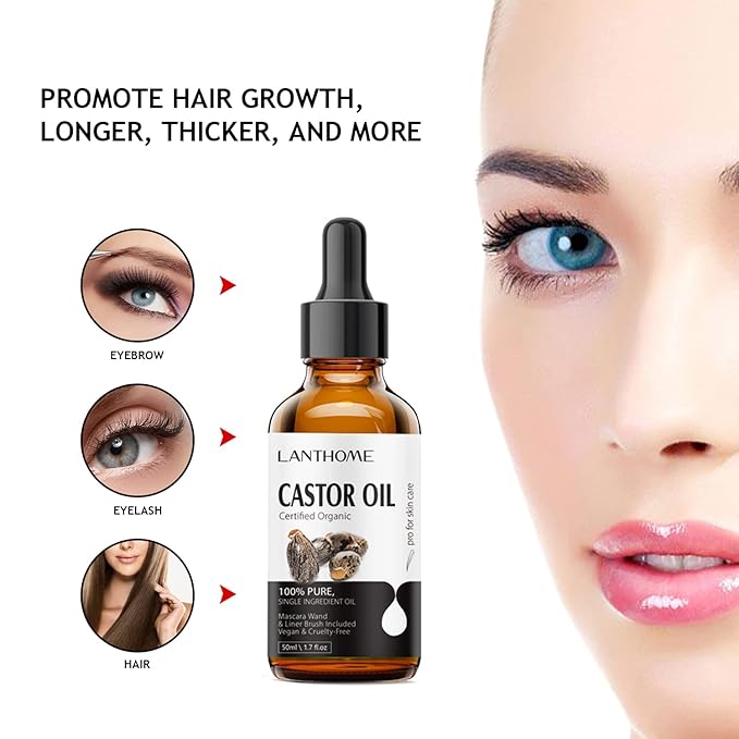 Lanthome Organic Castor Oil Cold Pressed Certified (1.7 Floz with Eyelash Kit), Black Castor Oil for Eyelashes, Eyebrows & Skin Moisturizer, Hair Growth Hexane Free