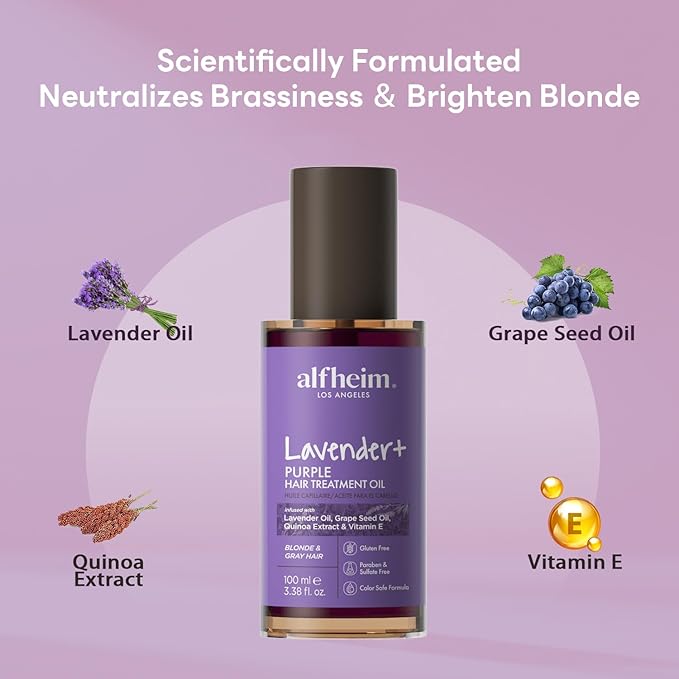 ALFHEIM Lavender+ Purple Hair Oil for Blonde, Silver & Color-Treated Hair – Anti-Brass & Frizz Control Serum – Restores Shine, Smoothness & Cool Radiance – with Grape Seed Oil – 3.38 oz / 100 ml